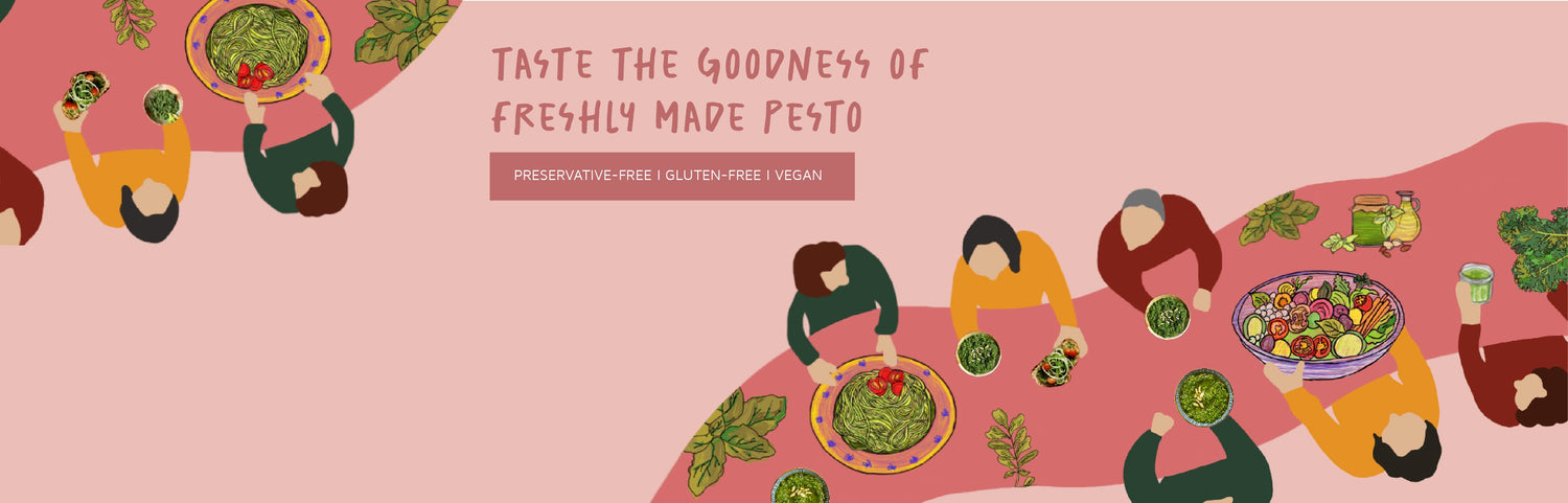 freshly made pestos for dips, pasta, sandwich