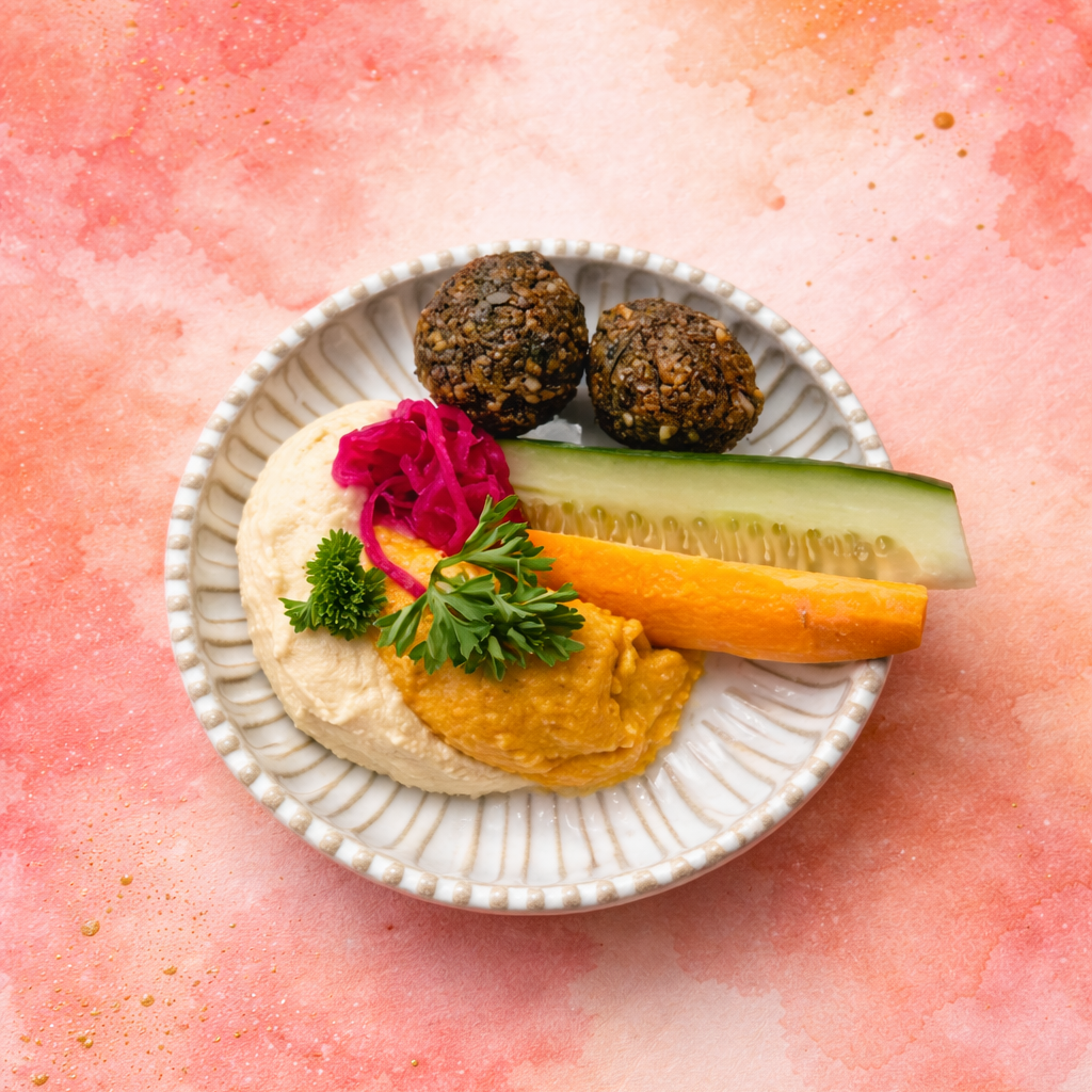 Plated appetizer with hummus, falafel, and vegetables, grazing table 