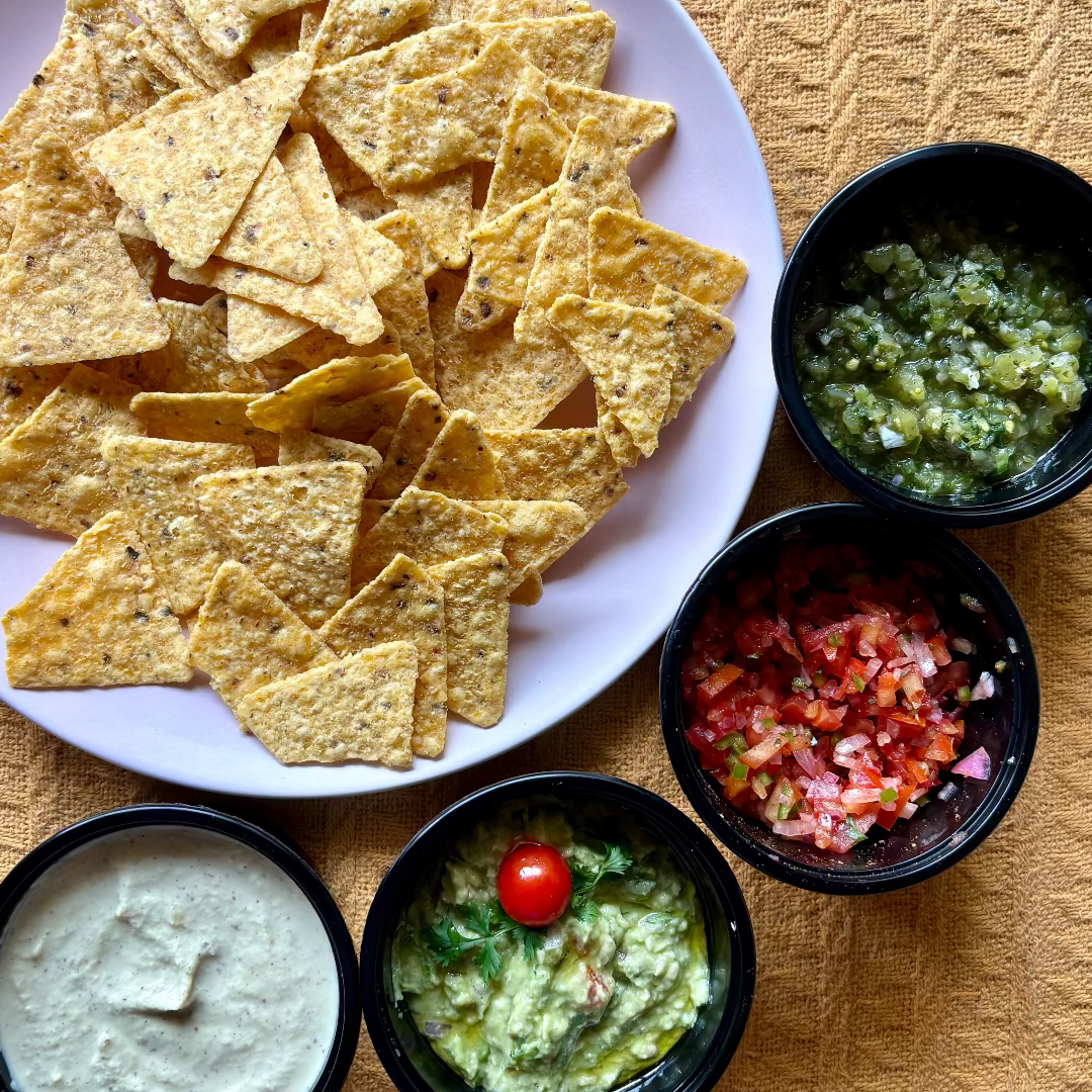 mexican dips and chips, guacomole, nachos, salsa, mexican platter